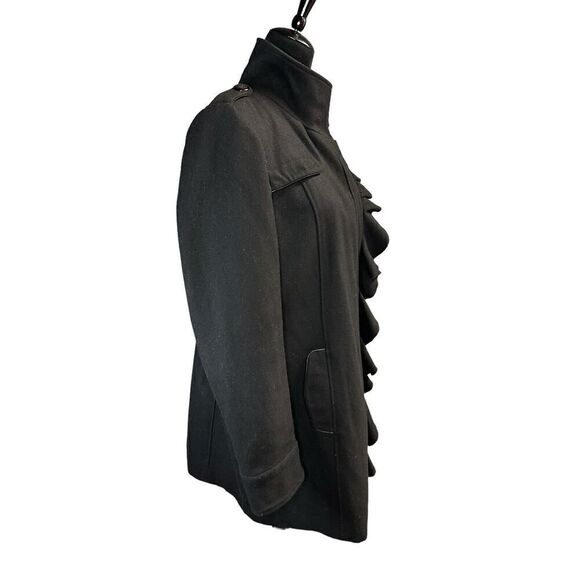 TAHARI~BLACK WOOL RUFFLE SNAP FRONT LEATHER TRIM COAT sz 14 - Picture 7 of 16